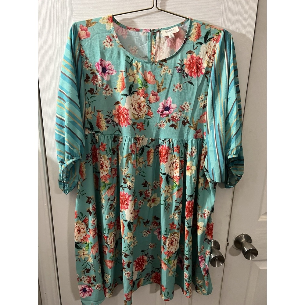Umgee Floral Print Ruffle Sleeve Dress- Tunic Top Medium Aqua